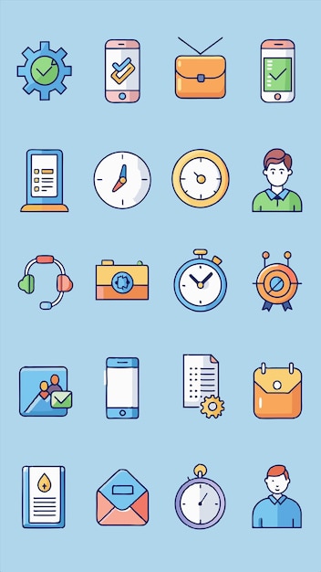 una colección de iconos incluyendo un reloj un hombre y un teléfono