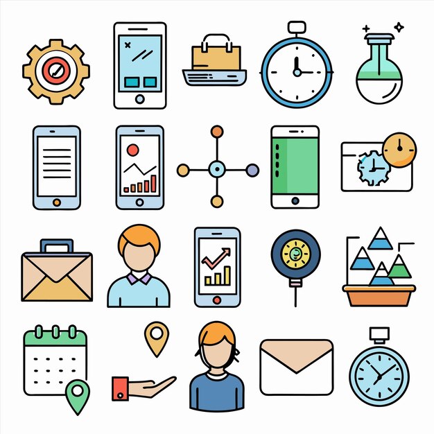 una colección de iconos incluyendo un reloj un reloj y un calendario