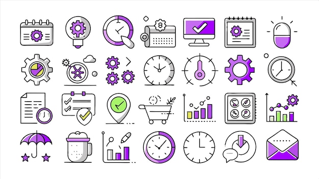 una colección de iconos incluyendo un reloj un reloj y un diagrama de una tarjeta de visita
