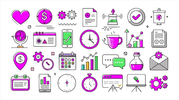 una colección de iconos incluyendo un reloj un reloj y un diagrama