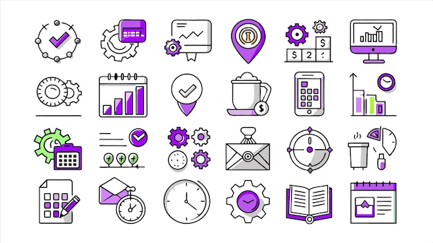 una colección de iconos incluyendo un reloj un reloj y un diagrama