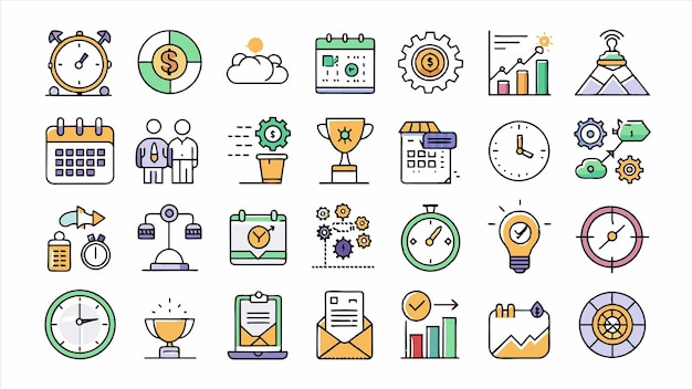 una colección de iconos incluyendo un reloj un reloj y un reloj