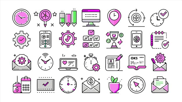 una colección de iconos incluyendo un reloj un reloj y un reloj