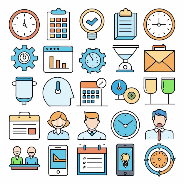 una colección de iconos incluyendo un reloj un reloj y un reloj