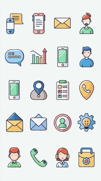 una colección de iconos incluyendo un teléfono telefónico y un hombre con una camisa azul