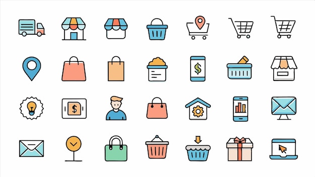 una colección de iconos incluyendo una tienda de comestibles una bolsa de compras y una bolsa de tiendas