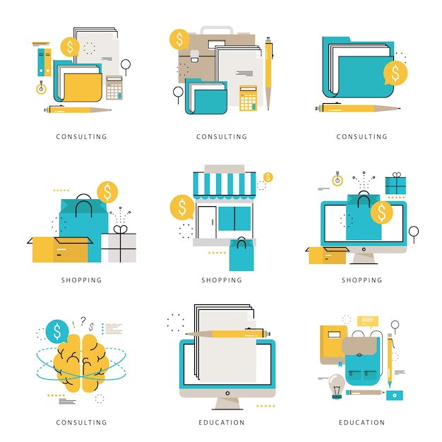 Colección de iconos infográficos de negocios y consultoría financiera, e-learning, educación en línea, compras en línea, e-commerce ilustración vectorial. iconos de línea establecidos. diseño plano web elementos gráficos