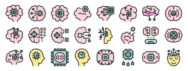Colección de iconos de inteligencia artificial que muestran conexiones entre cerebros y procesadores