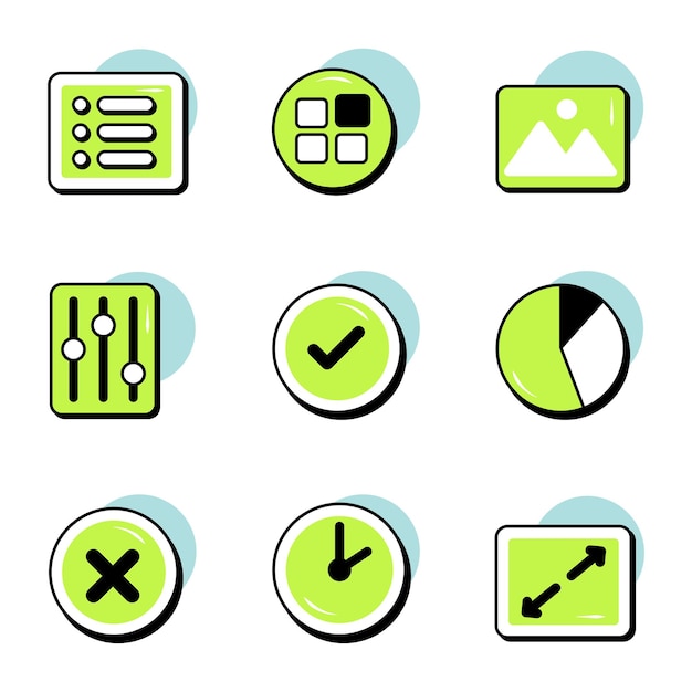 Colección de iconos de interfaz verdes y blancos para varias funciones