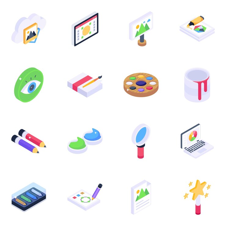 Colección de iconos isométricos de elementos de pintura