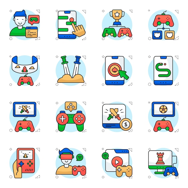Colección de iconos de juegos que representan varios tipos de juegos y actividades