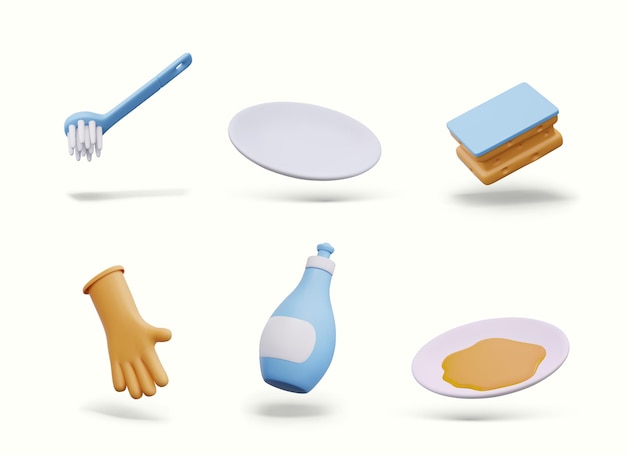 Colección de íconos de lavado de platos en 3D dispositivos y detergentes para la limpieza de la cocina