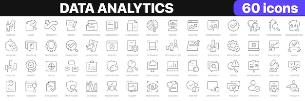 Colección de iconos de línea de análisis de datos Estadísticas de procesamiento análisis de información iconos gráficos Conjunto de iconos de interfaz de usuario Paquete de iconos de contorno delgado Ilustración vectorial EPS10