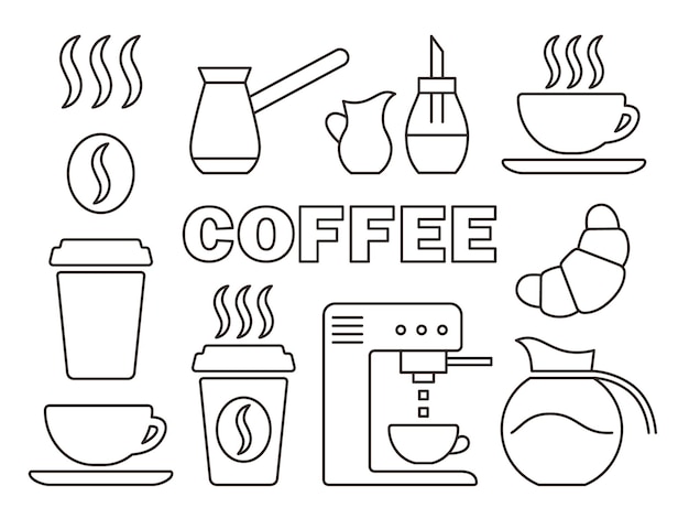 Colección de iconos de línea de café Tabas lineales máquinas de olla de frijoles y croissants Elementos de contorno negro