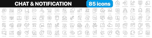 Colección de íconos de línea de chat y notificación Mensajes de campana como dispositivos de recordatorio Íconos de la interfaz de usuario Iconos de conjunto de iconos de contorno delgado Ilustración vectorial EPS10