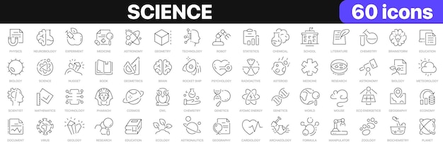 Colección de iconos de línea de ciencia Educación aprendizaje medicina tecnología iconos de interfaz de usuario Iconos de conjunto Icones de contorno delgado paquete Ilustración vectorial EPS10