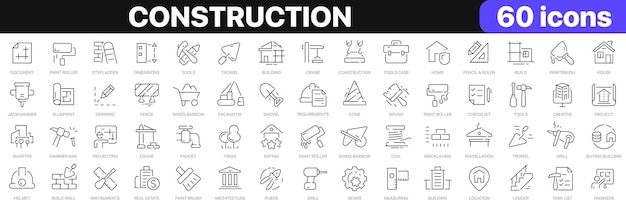 Colección de iconos de línea de construcción Construir herramientas iconas de proyecto conjunto de iconas de interfaz de usuario Iconos de contorno delgado paquete de iconos Ilustración vectorial EPS10