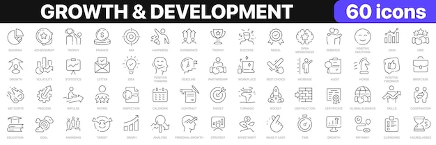 Colección de íconos de línea de crecimiento y desarrollo Íconos de trabajo en equipo de objetivo de éxito Iconos de interfaz de usuario Contorno delgado Iconos paquete Ilustración vectorial EPS10