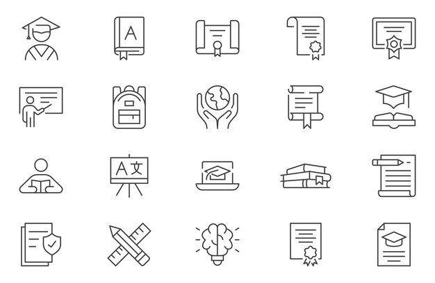 Colección de iconos de línea de educación Icono de interfaz de usuario grande configurado en un diseño plano Paquete de iconas de contorno delgado