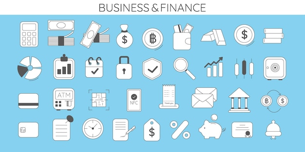 Colección de iconos de línea de finanzas y negocios Iconos de interfaz de usuario configurados para aplicaciones web y de presentaciones Paquete de iconas de contorno delgado Ilustración vectorial