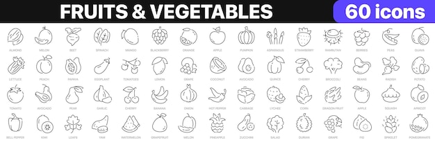 Colección de iconos de línea de frutas y verduras Conjunto de iconos de interfaz de usuario Paquete de iconos de contorno delgado Ilustración vectorial EPS10