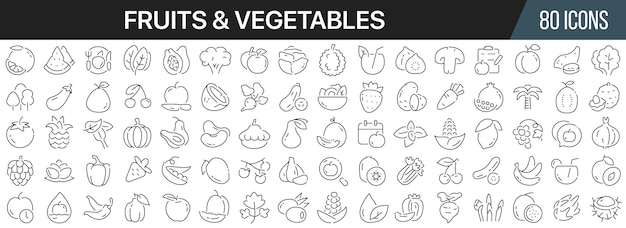 Colección de iconos de línea de frutas y verduras Gran conjunto de iconos de IU en un diseño plano Paquete de iconos de contorno delgado Ilustración vectorial EPS10