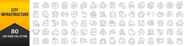 Colección de iconos de línea de infraestructura de la ciudad conjunto de iconos de iu grande en un diseño plano paquete de iconos de contorno delgado ilustración vectorial eps10