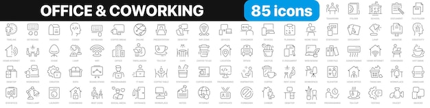 Colección de iconos de línea de oficina y coworking Lugar de trabajo espacio de trabajo trabajo en equipo iconos de comida rápida conjunto de iconos de interfaz de usuario paquete de iconos de contorno fino ilustración vectorial EPS10