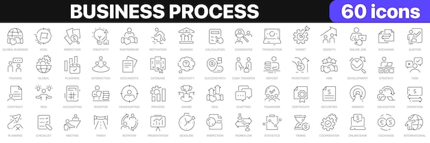 Colección de iconos de línea de procesos de negocio Iconos de reunión de objetivos de inicio de finanzas de negocios globales Conjunto de iconos de interfaz de usuario Paquete de iconos de contorno fino Ilustración vectorial EPS10