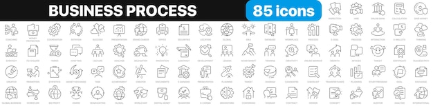 Colección de iconos de línea de procesos de negocio Iconos de reunión de objetivos de inicio de finanzas de negocios globales Conjunto de iconos de interfaz de usuario Paquete de iconos de contorno fino Ilustración vectorial EPS10