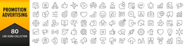 Colección de iconos de línea de promoción y publicidad Conjunto de iconos de interfaz de usuario grande en un diseño plano Paquete de iconos de contorno delgado Ilustración vectorial EPS10