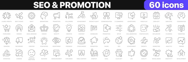 Colección de iconos de línea de promoción y SEO Publicidad retroalimentación marketing iconos de redes sociales UI conjunto de iconos Paquete de iconos de contorno fino Ilustración vectorial EPS10