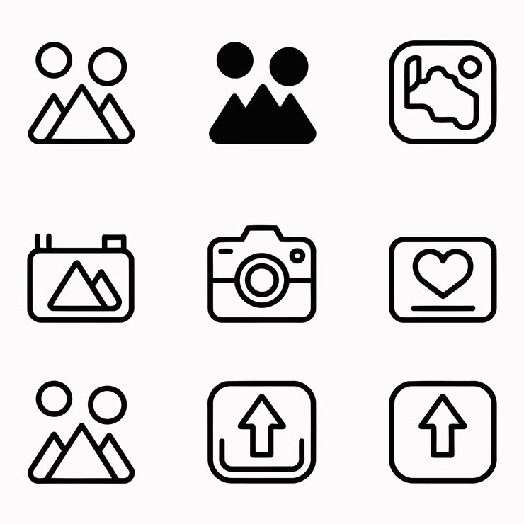 Colección de iconos de línea relacionados con la subida de fotografías y las redes sociales