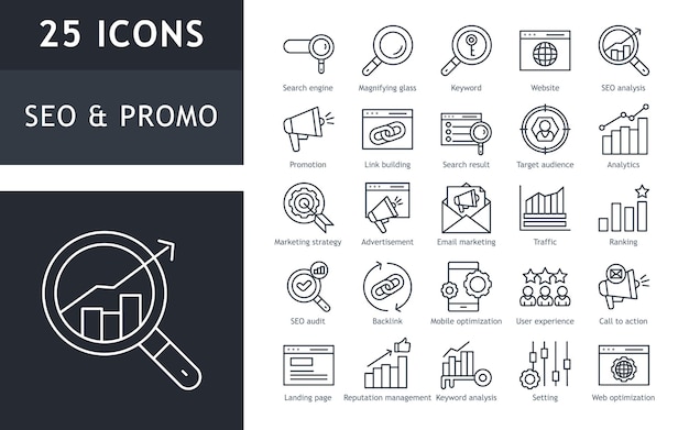 Colección de iconos de línea de SEO y promoción Estrategia de marketing de público objetivo de promoción