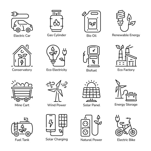 Colección de íconos lineales de energía renovable