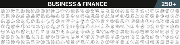 Colección de iconos lineales de negocios y finanzas Gran conjunto de más de 250 iconos de líneas finas en negro Iconos negros de negocios y finanzas Ilustración vectorial