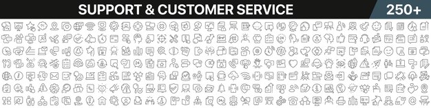 Colección de iconos lineales de soporte y servicio al cliente Gran conjunto de más de 250 iconos de líneas finas en negro Iconos negros de soporte y servicio al cliente Ilustración vectorial