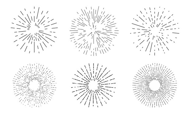 Colección de iconos lineales Sunburst. Explosión de rayos, fuegos artificiales o estallido estelar