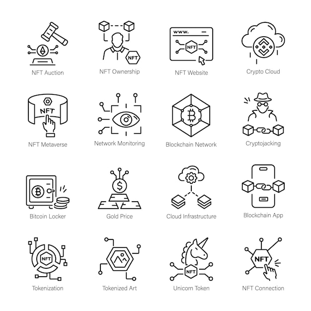 Colección de íconos lineales de la tecnología NFT
