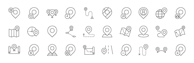 colección de iconos de líneas delgadas relacionadas con pin mapa ubicación lugar tiempo y destino ubicación símbolo aislado fondo blanco sitios web y aplicaciones