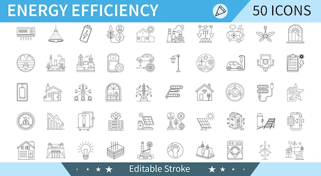Colección de iconos de líneas de eficiencia energética Conjunto de iconos renovables Ilustración del vector del viento solar sostenible