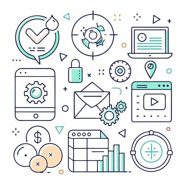 Una colección de iconos de líneas que representan varios aspectos del marketing digital y la estrategia empresarial