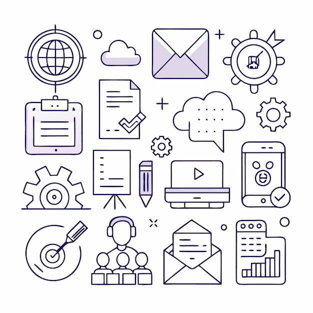 Una colección de iconos de líneas que representan varios aspectos de los negocios y la tecnología