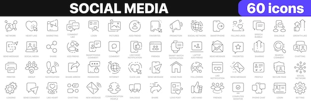 Colección de iconos de líneas de redes sociales Como compartir iconos de comentarios en el blog Conjunto de iconos del contorno delgado paquete de iconos Ilustración vectorial EPS10