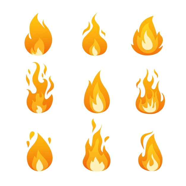Colección de iconos de llamas de fuego ardiente aislados en un fondo blanco