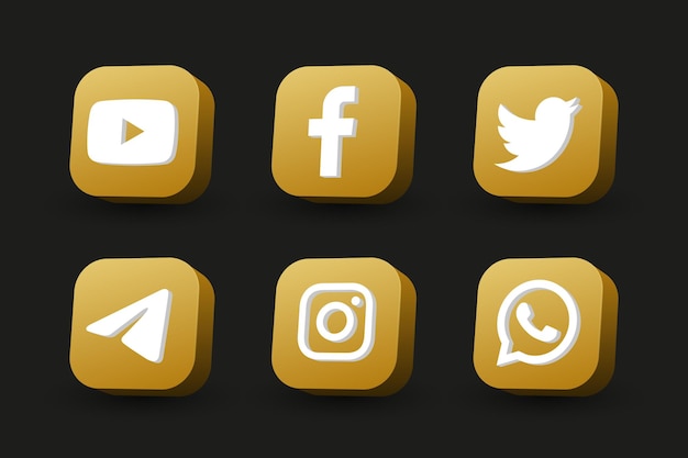 Colección de iconos de logotipo de redes sociales de vista en perspectiva cuadrada dorada aislada en negro