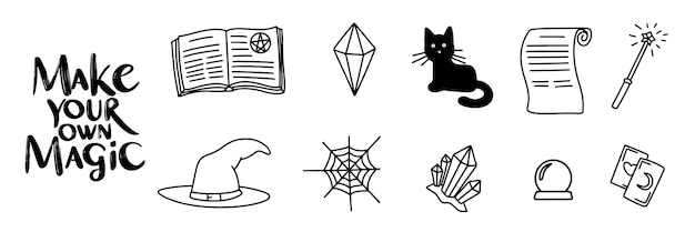 Colección de iconos mágicos en estilo doodle Arte vectorial dibujado a mano