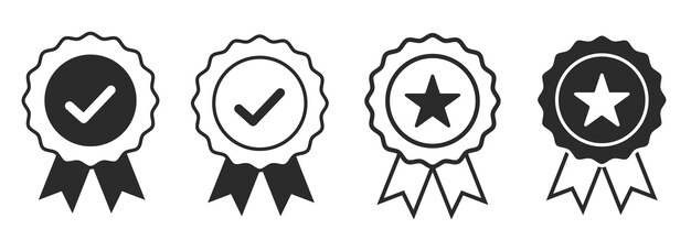 Colección de iconos de medallas certificadas Conjunto de medalla de aprobación con cheque y estrella