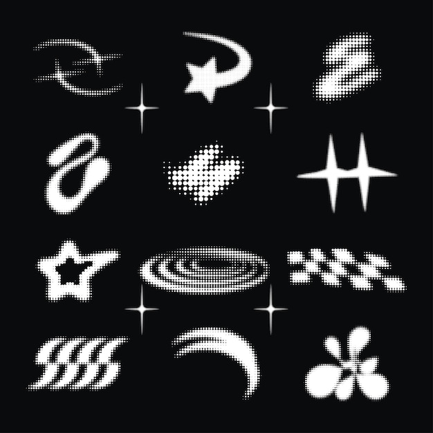 Colección de iconos de medio tono punteados de Y2K de formas pixeladas abstractas Conjunto de símbolos vectoriales retro