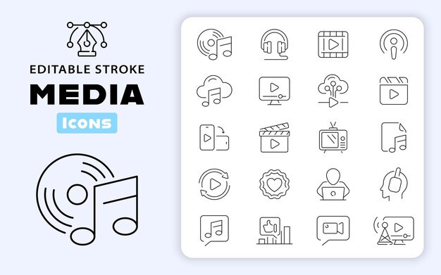 Colección de iconos de medios de comunicación Medios de comunicación sociales Redes sociales Medios sociales Medios públicos Periodismo Comunicación Redes de medios relacionados Colección de iconas de línea delgada Trazado editable